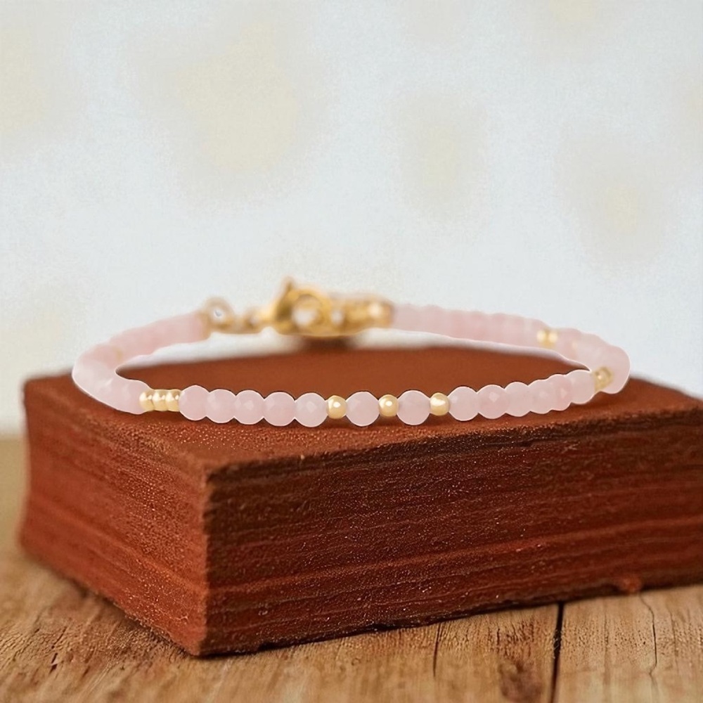 18k Gold Plated Rose Quartz Beaded Bracelet. New.